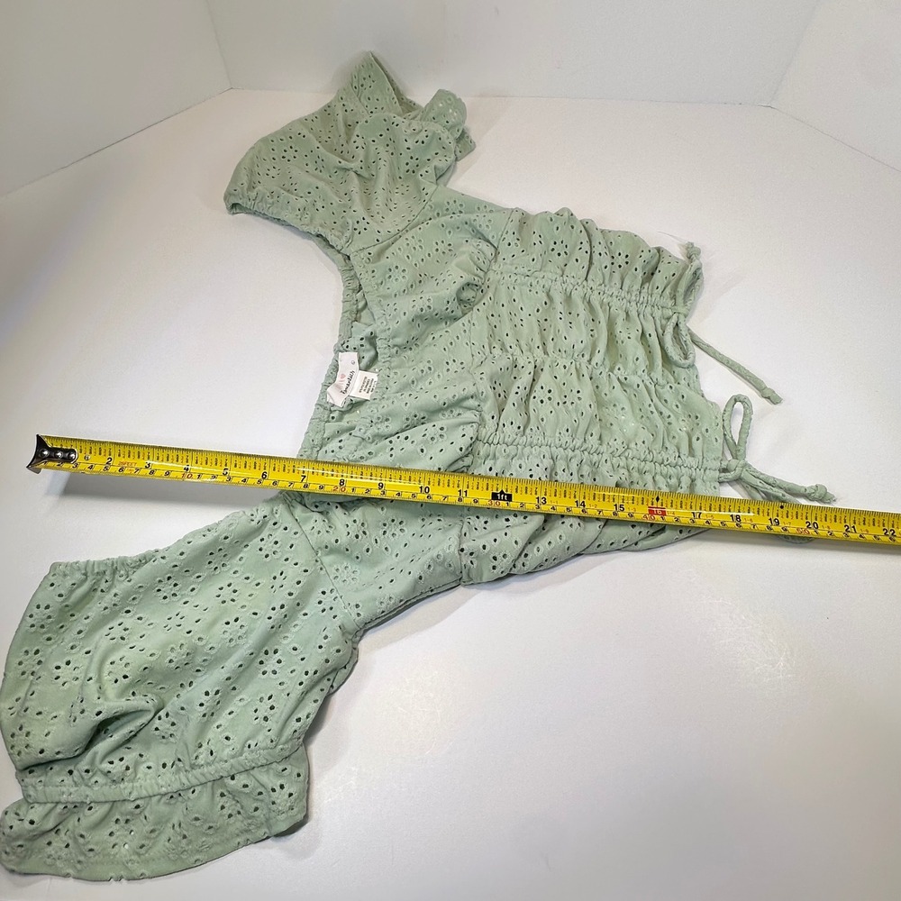 Urban Romantics Sage Green Eyelet Ruched Milkmaid Crop Top Smocked Back Large - Picture 6 of 7
